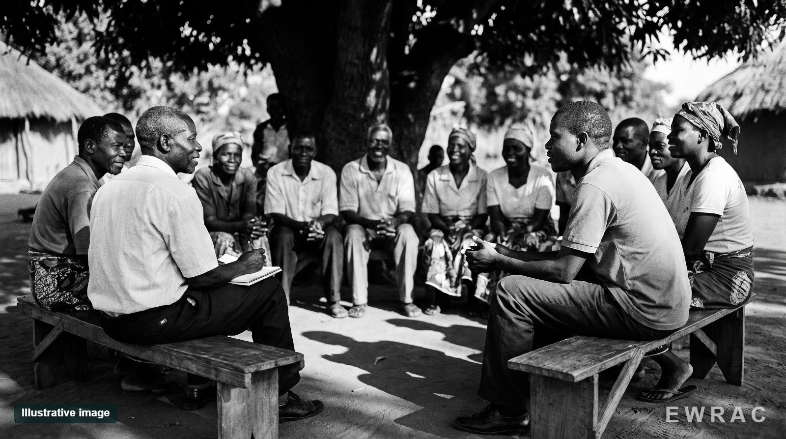 Illustrative image: a community dialogue under a shade tree