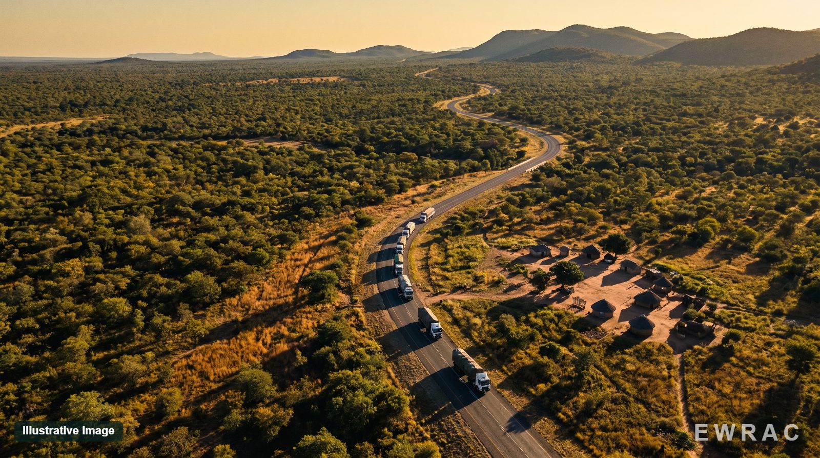 Illustrative image: a truck convoy on a highway through savanna