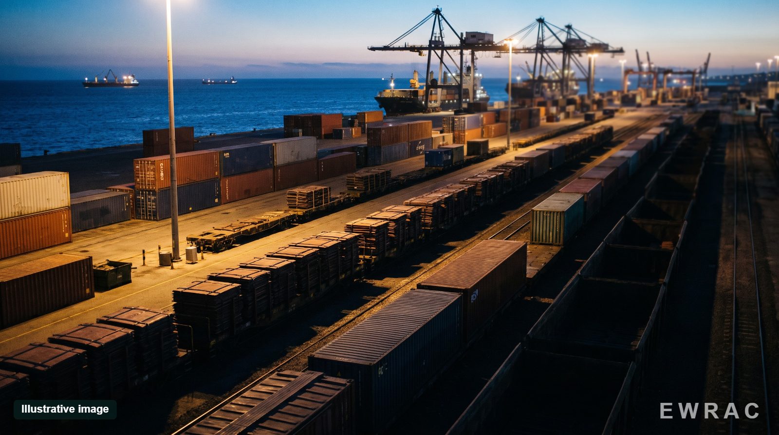 Illustrative image: a port and rail terminal loaded with copper and containers